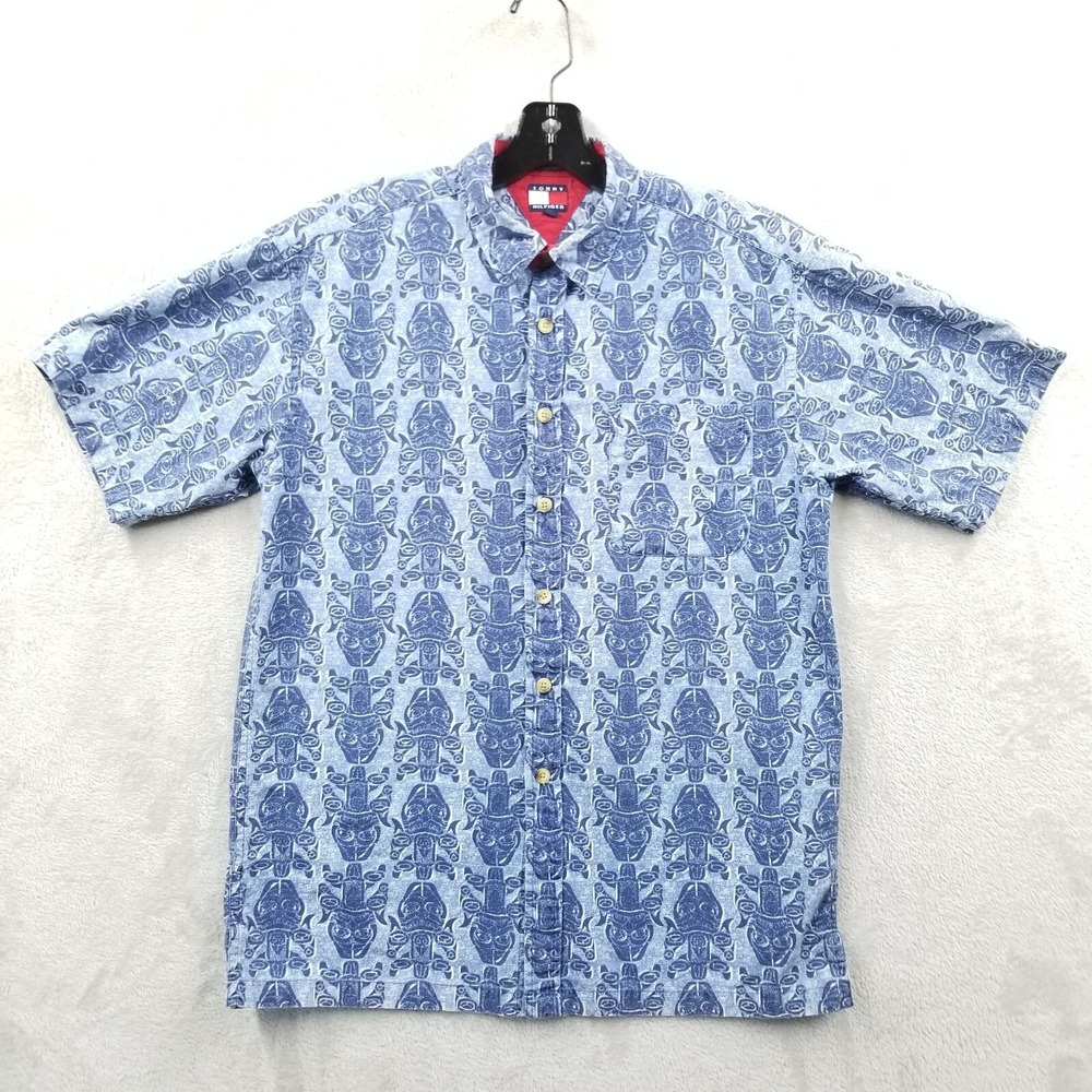 Vtg Tommy Hilfiger Shirt Men XL Blue Cotton‎ All Over Print Aztec Hawaiian Camp